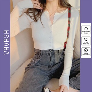 Áo croptop nữ tay dài kiểu ôm bigsize thun body cổ tròn có nút cúc VAVASA CT01