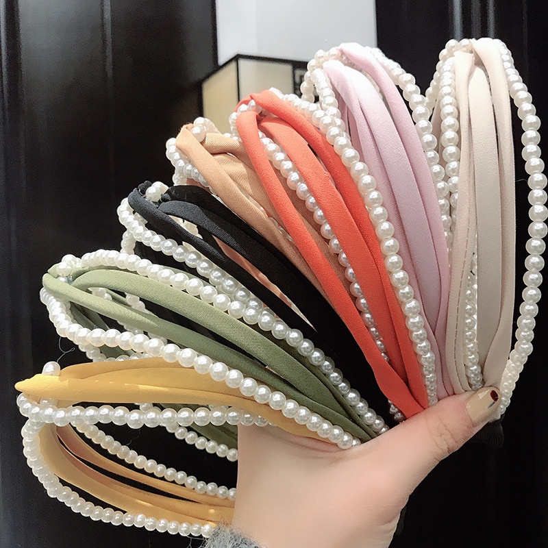 Băng Đô Cài Tóc Rửa Mặt Bằng Vải Bản Rộng Đính Ngọc Trai Khoét Rỗng Cao Cấp Phiên Bản Hàn Quốc Cho Nữ