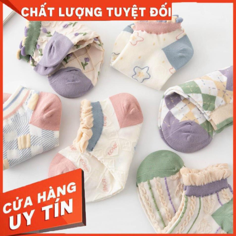 Set  5 Đôi Tất Cotton Cổ Bèo Phối Hoạ Tiết Thổ Cẩm