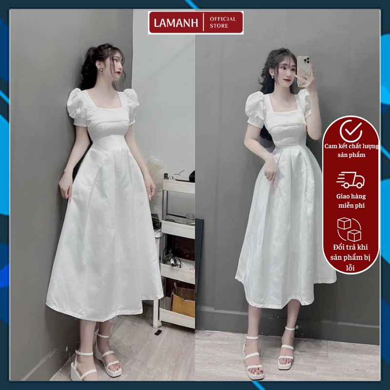 Đầm trắng dự tiệc cưới LAMANH STORE Váy đầm thiết kế cổ vuông tay ngắn phồng dự tiệc sang chảnh (có mút ngực)Size46-58kg