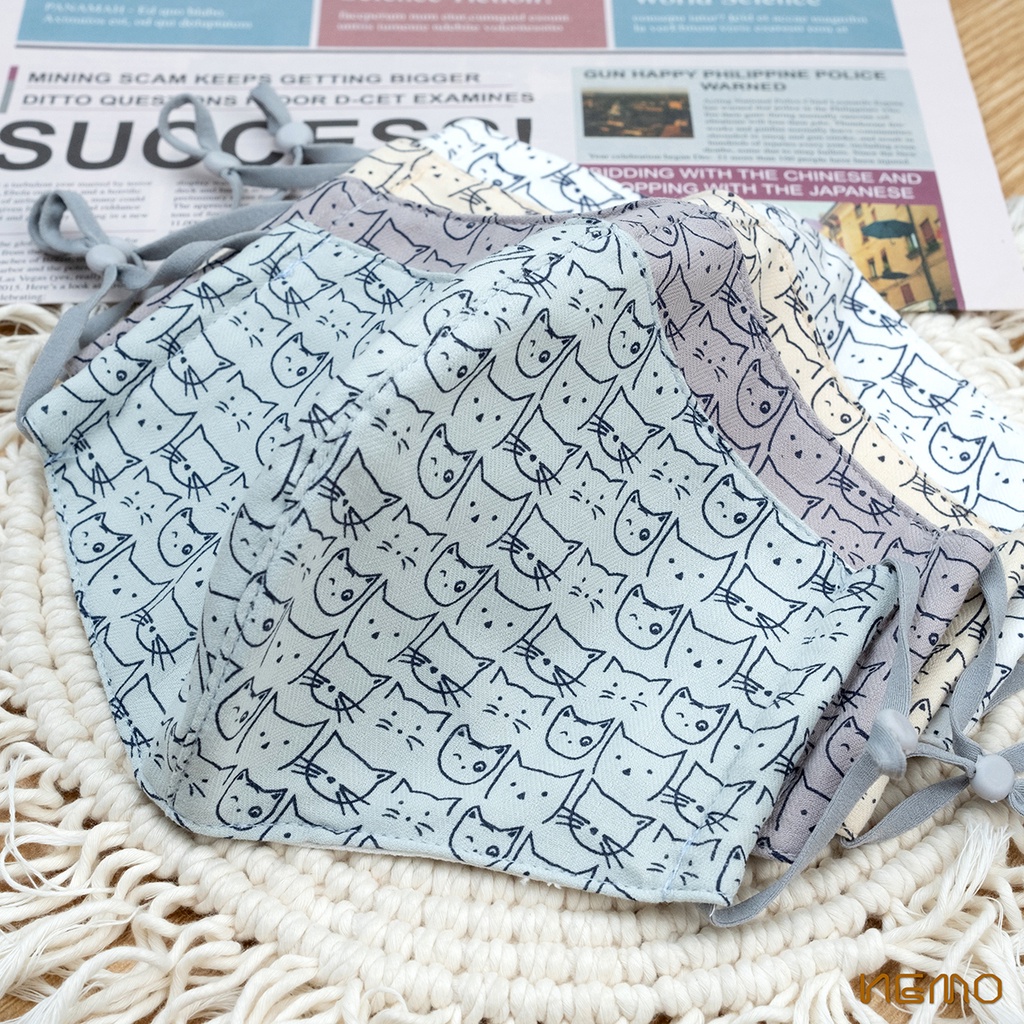 KHẨU TRANG VẢI KIỂU 3D HỌA TIẾT MÈO, VẢI OXFORD PHỐI LINEN CAO CẤP NEMO COLLECTION - KTBKE