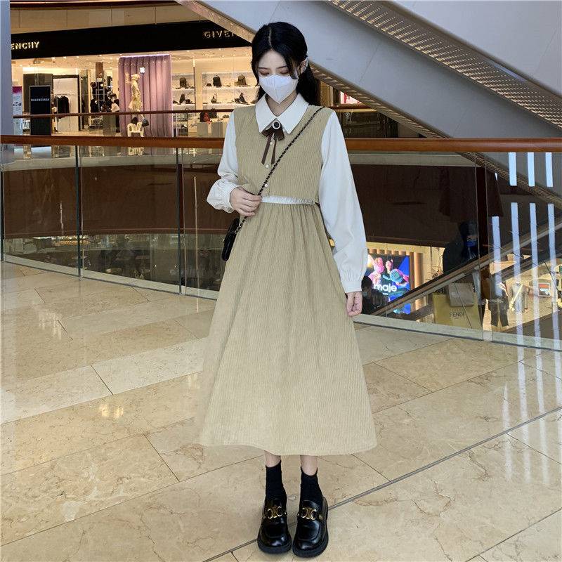 🎀váy babydoll dáng dài váy mùa đông cho nữ váy dài Đầm Giả Hai Mảnh Dáng Dài Phối Nơ Phong Cách Pháp Cổ Điển Mẫu Mới 2022