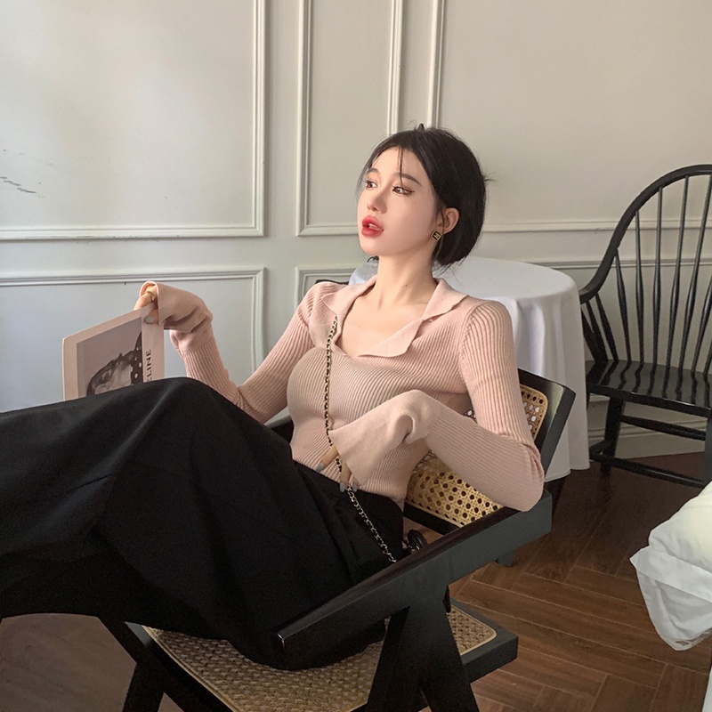 IELGY Áo Dệt Kim Tay Dài Cổ Chữ v Ôm Dáng Thời Trang Cho Nữ