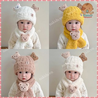 Mũ len gấu 3d lông cừu cho bé kèm khăn quàng cổ