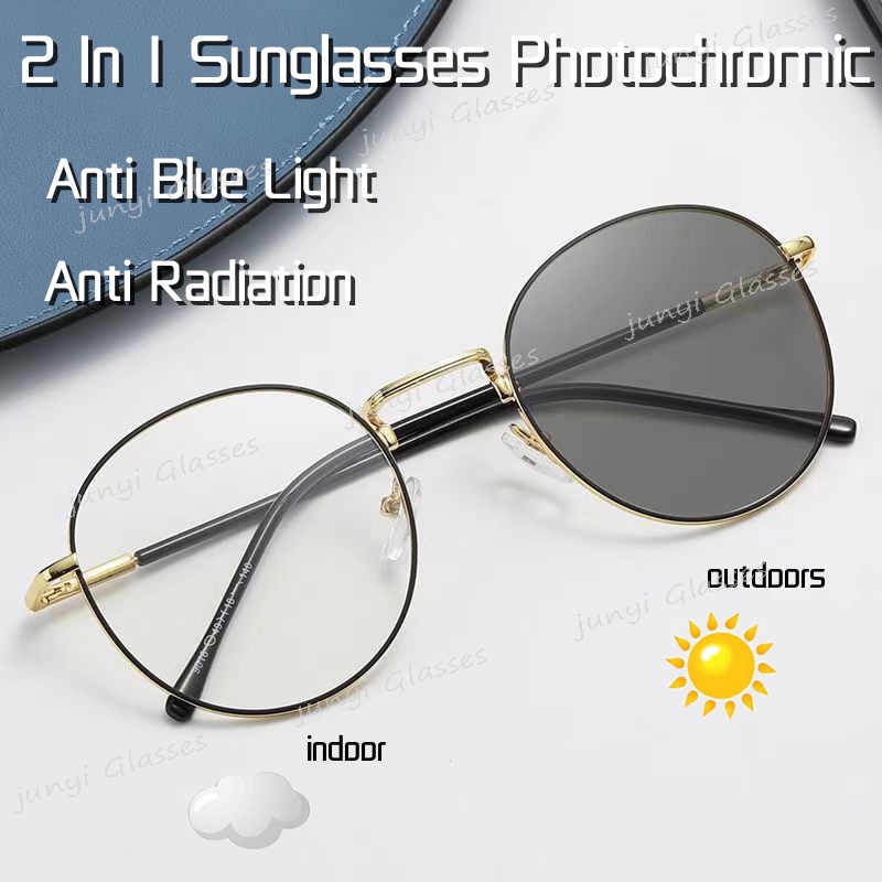 Kính Chống Nắng Ngoài Trời 2 Trong 1 Gọng Kim Loại Tròn Chống Bức Xạ Ánh Sáng Xanh Bảo Vệ Mắt Cho Nam Và Nữ