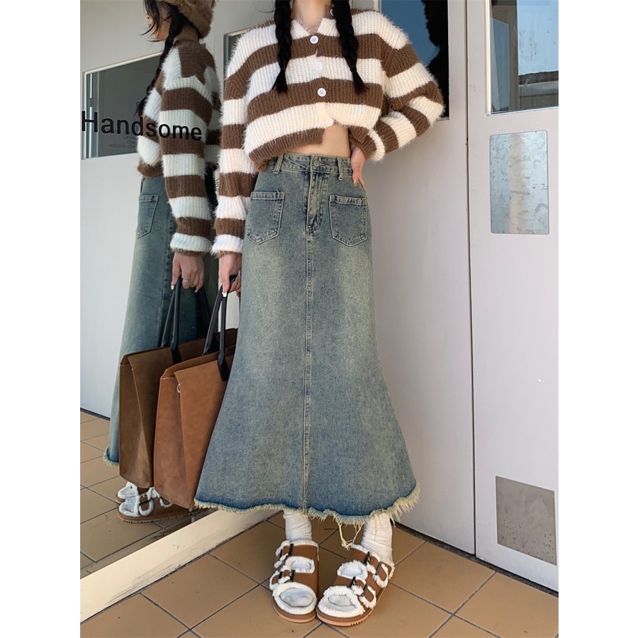 Chân váy jean đuôi cá dáng dài 2 túi ngang trước 6832/P2K3 Maia