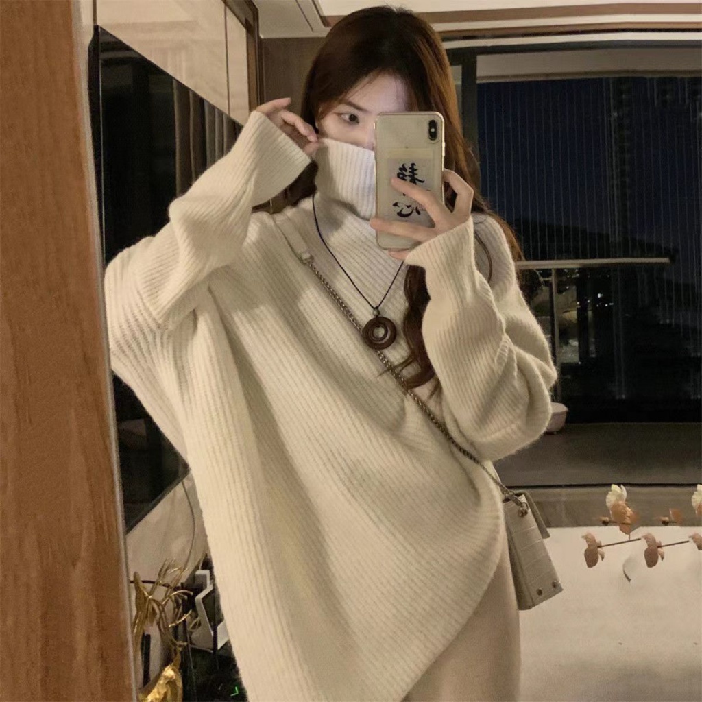 Áo Sweater Dệt Kim Cổ Lọ Dày Dặn Mềm Mại Dáng Rộng Phong Cách Hàn Quốc Thời Trang Thu Đông Cho Nữ