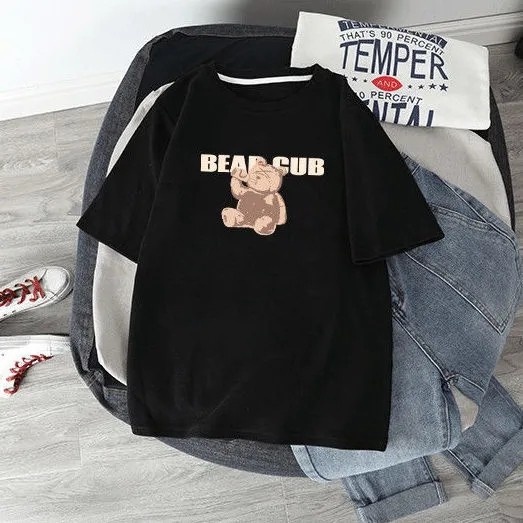 Áo thun SUXI tay ngắn dáng rộng dày dặn in họa tiết chú gấu dễ thương thời trang thu đông cho nữ