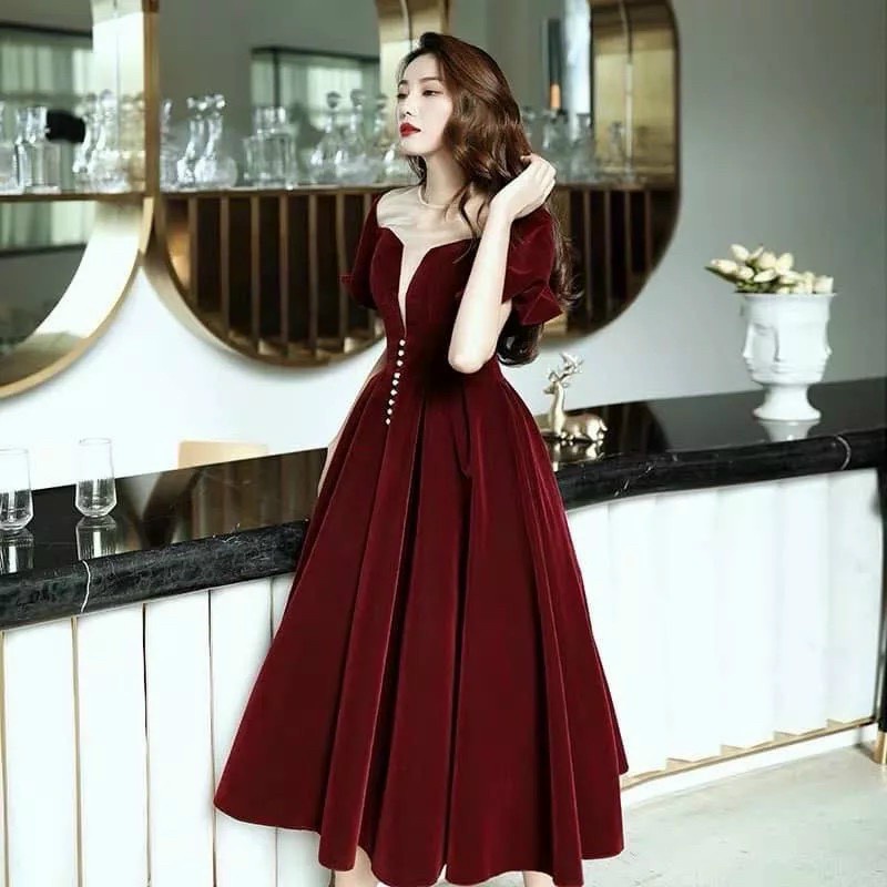 đầm nữ dáng dài tay phồng cổ lưới đính cườm sang chảnh dễ thương
