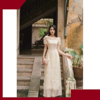 Áo dài ren màu trắng, Set áo dài cách tân hiện đại thiết kế đẹp có size lớn phom dáng chuẩn đẹp.
