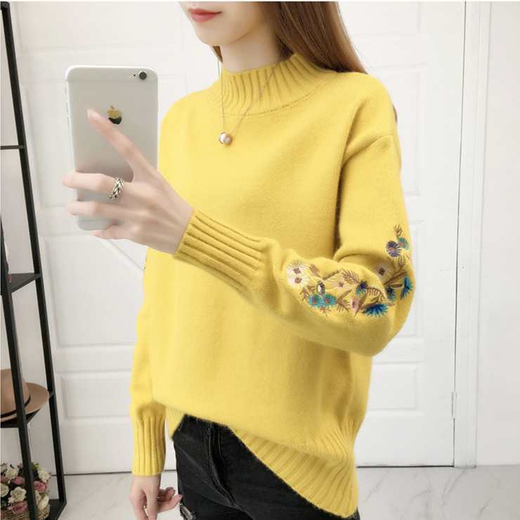 Áo Sweater Dệt Kim Cổ Lọ Thêu Hoa Thời Trang Thu Đông Cho Nữ