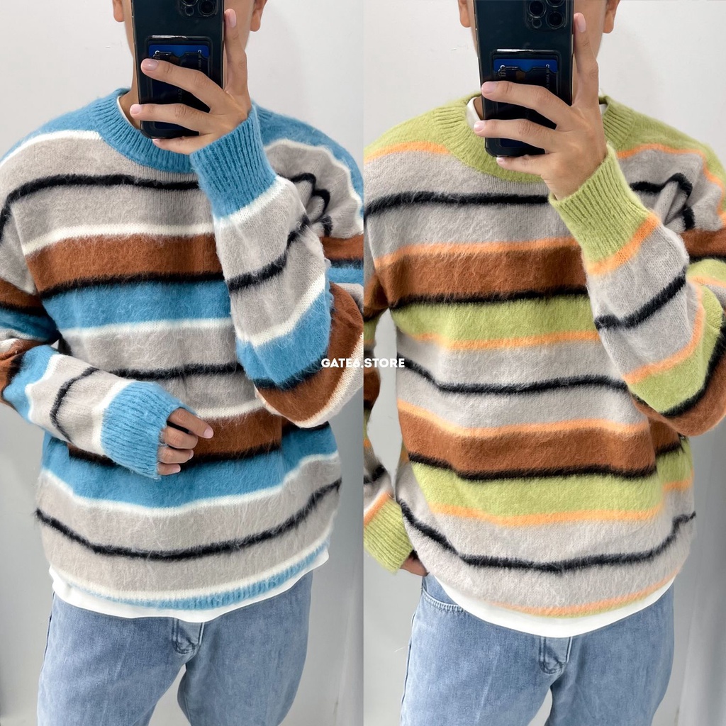 Áo Len Nam Nữ DF lông xù kẻ màu, len cổ tròn dài tay Unisex sọc ngang Hàn Quốc color block D283 - GATE6 - 4883