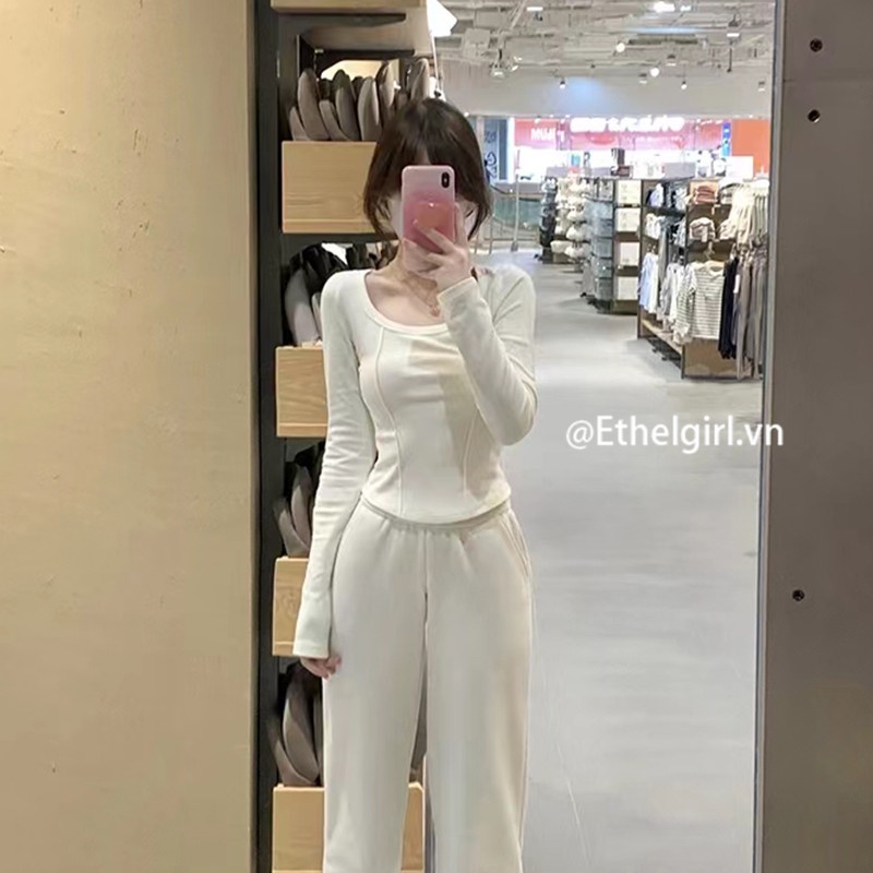 Ethelgirl Áo Thun Tay Dài Cổ Vuông Dáng Ôm Thiết Kế Đơn Giản Dễ Phối Đồ Thời Trang Cho Nữ