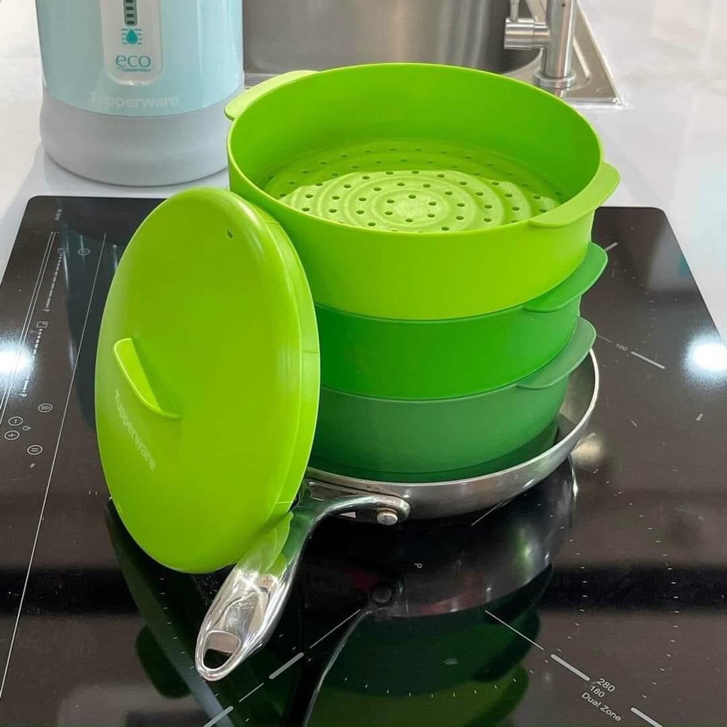 Xửng hấp xanh lá 3 tầng Tupperware Steam It giữ áp suất giúp hấp xôi hải sản tôm ốc gà chín nhanh chóng và dễ dàng