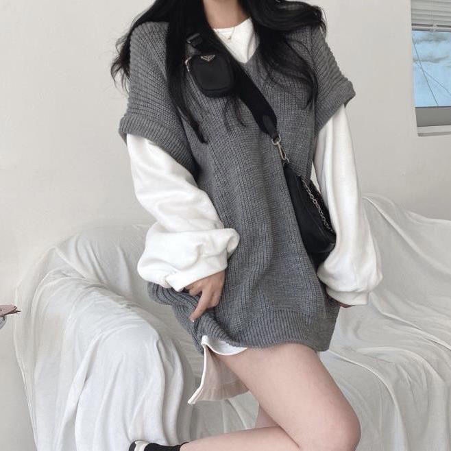 Áo Hoodie Form Rộng + Áo Len Không Tay Thiết Kế Mới Kiểu Dáng Đơn Giản Thời Trang