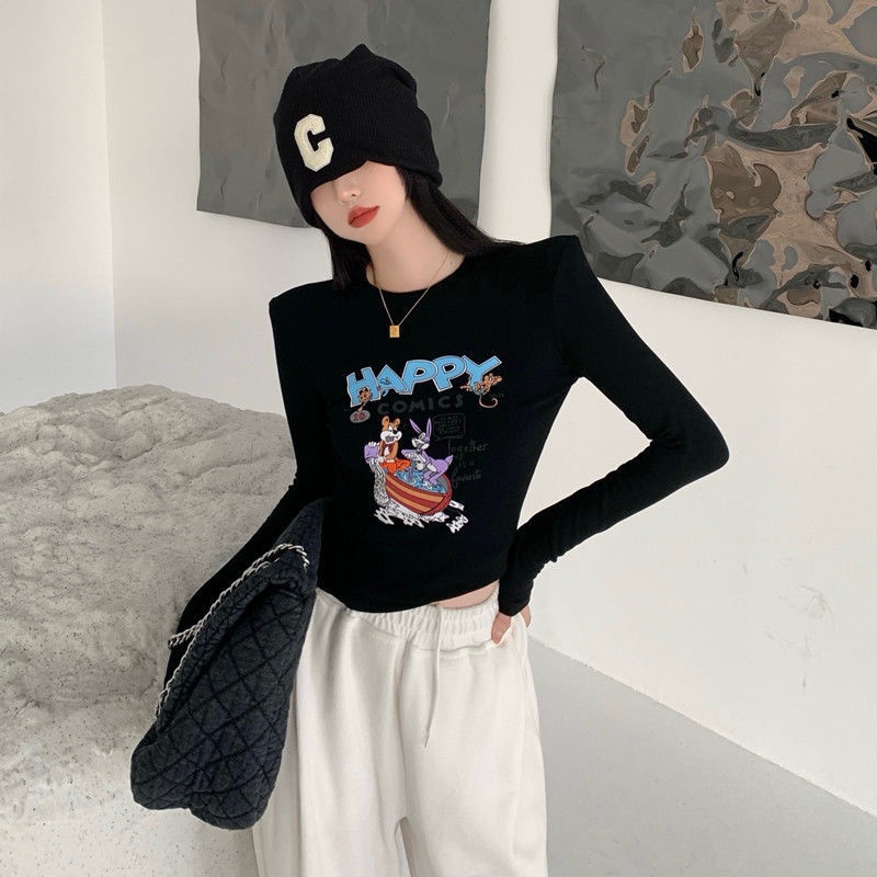 G-Fashion Áo Thun Tay Dài Cổ Tròn Dáng Ôm In Họa Tiết Hoạt Hình Phong Cách Hàn Quốc Dành Cho Nữ