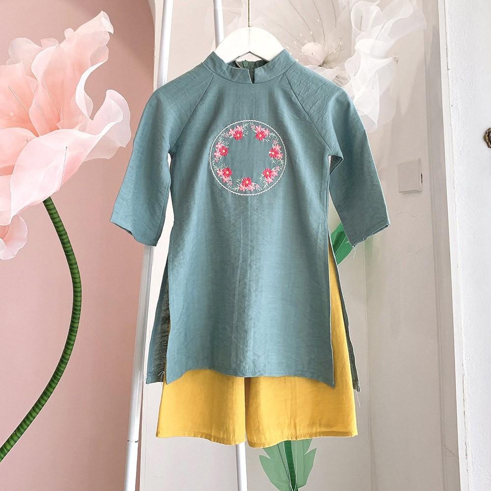 Áo dài bé gái truyền thống thêu hoa chất tơ đũi mịn mát áo kèm quần MamLa