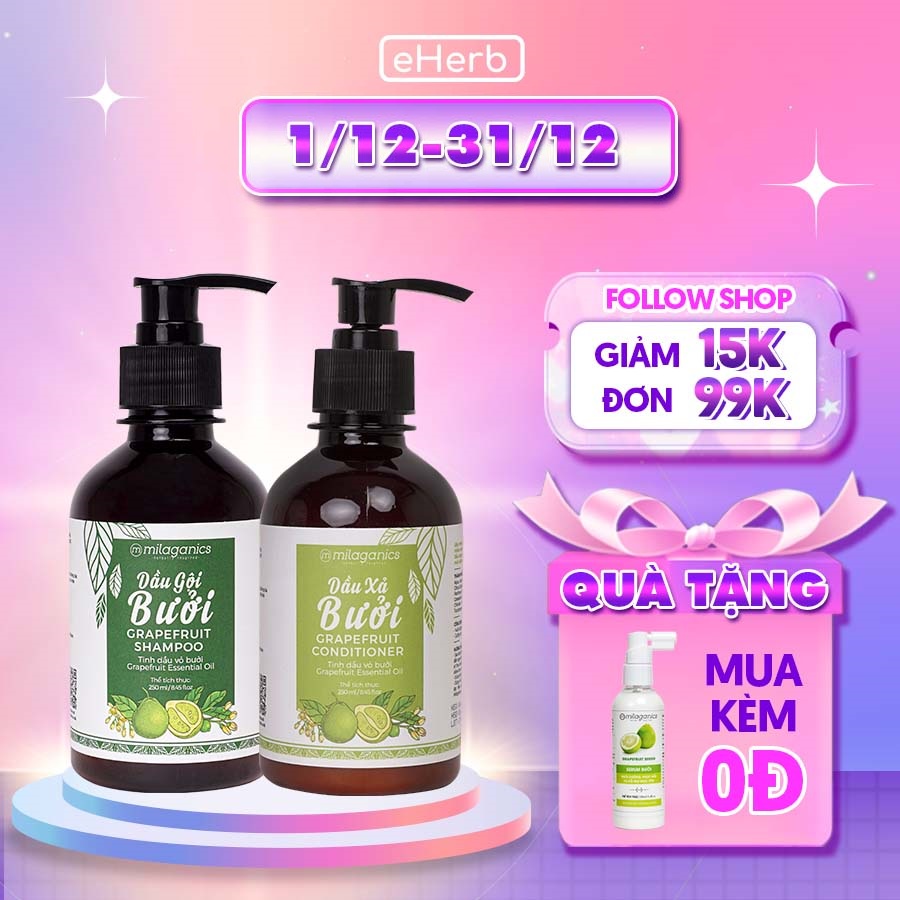 Combo dầu gội & dầu xả tinh dầu bưởi kích thích mọc tóc & ngừa rụng MILAGANICS (250ml/ chai)