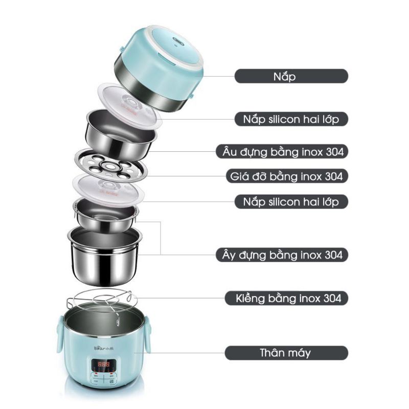 Hộp cơm cắm điện Bear 3 tầng khay inox cao cấp