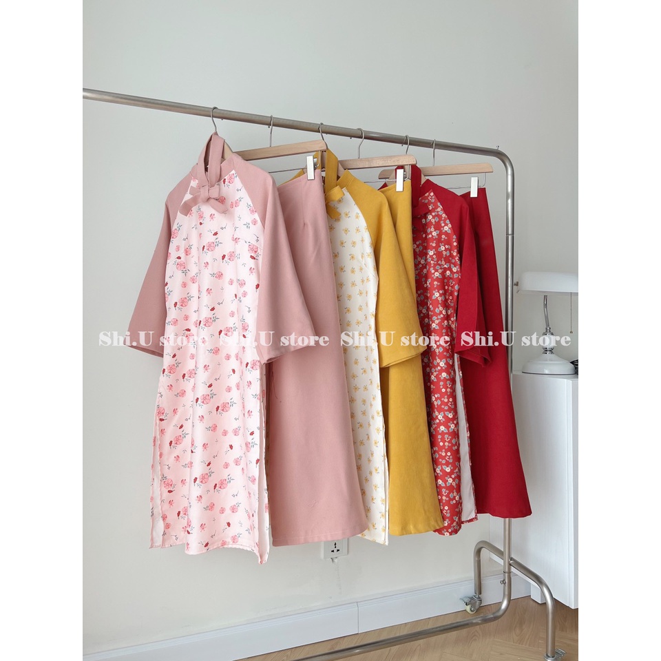 Set áo dài cách tân Tết nhung tăm hoa nhí phối tay kèm dây turban xinh xắn