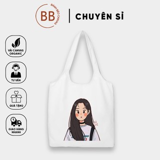 Túi Tote *BẦU* Vải Canvas đeo vai CÔ GÁI - Hàn Quốc Có Khóa Miệng Túi