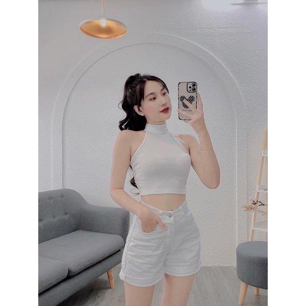 Áo yếm trơn, áo croptop hở lưng có ngọc chất gân nhuyễn