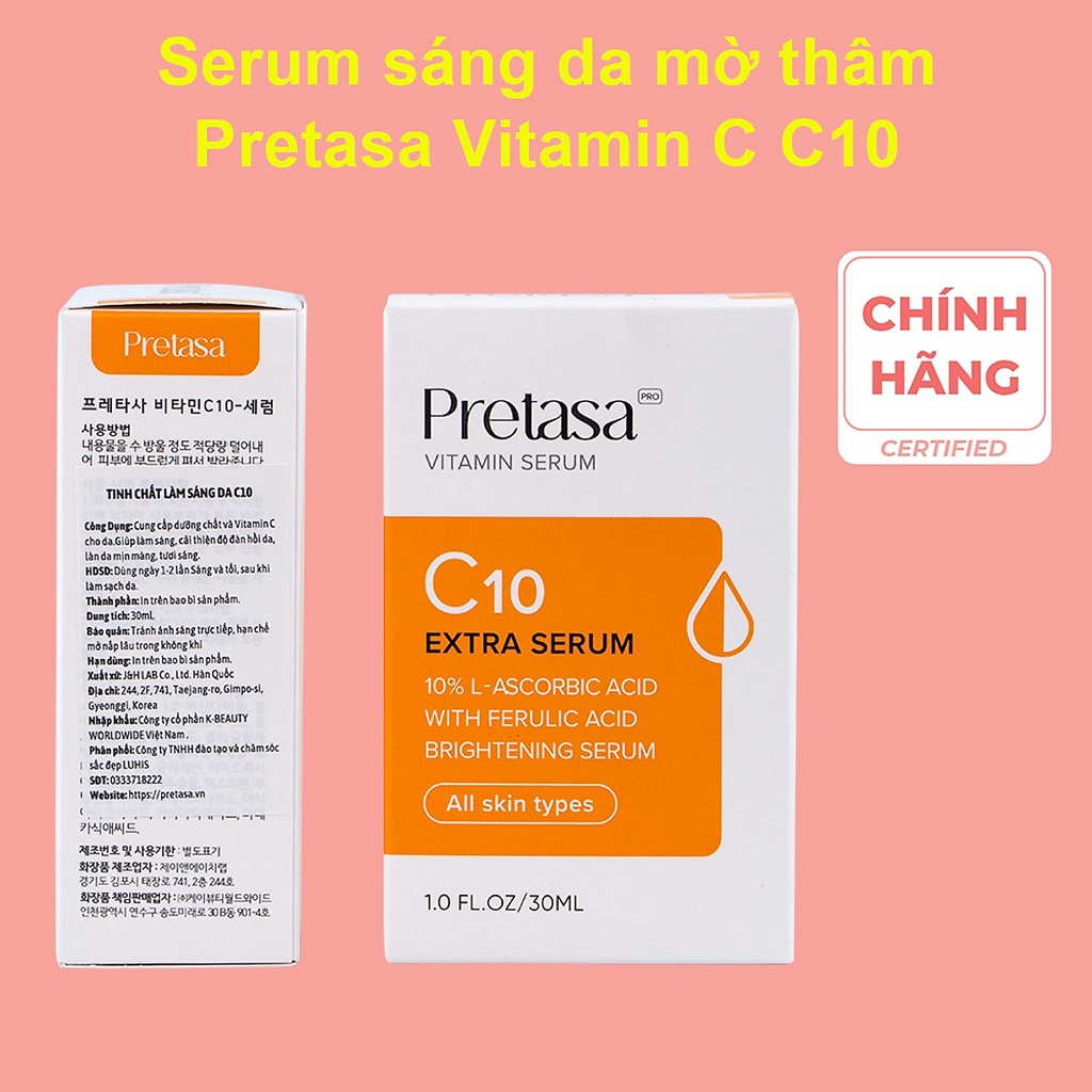Serum Vitamin C 10% Pretasa Mờ Thâm Nám Sáng Da 30ml