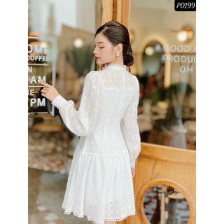 [JAMELA] Đầm ren midi tay dài phối cúc