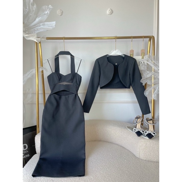 Set áo khoác lửng mix cùng Đầm body choàng khoéc ngực