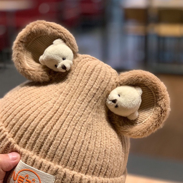 Mũ Len Dày Dặn Giữ Ấm Họa Tiết Gấu Hoạt Hình Thời Trang Thu Đông Cho Mẹ Và Bé