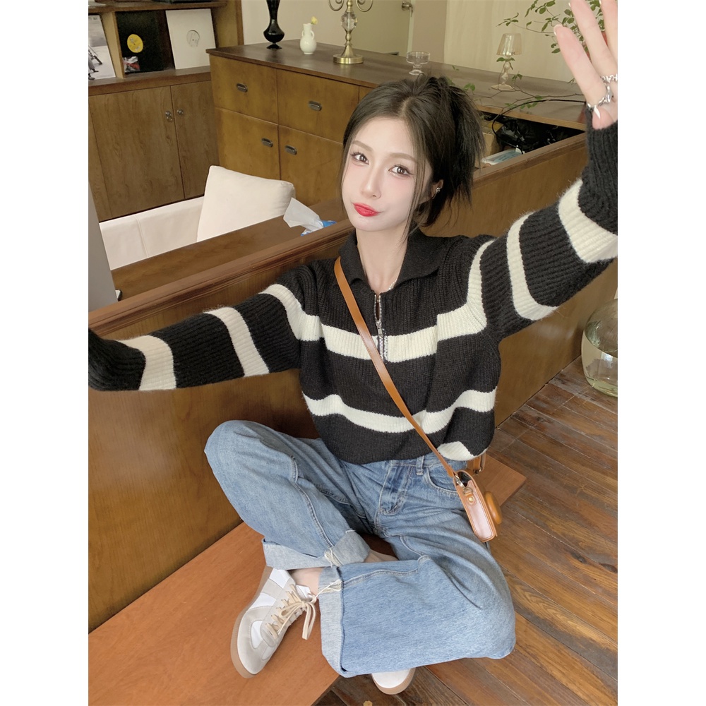 Áo Sweater Tay Dài Cổ POLO Có Khóa Kéo Họa Tiết Kẻ Sọc Thời Trang Dễ Phối Đồ