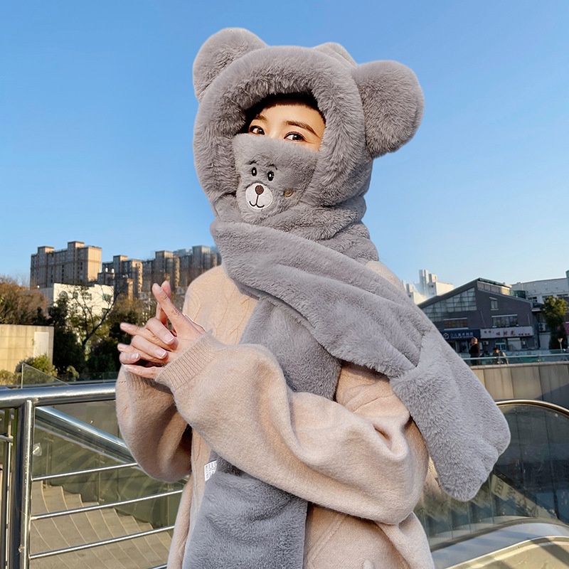 Set Mũ + Khăn Choàng Cổ + Găng Tay + Yếm Ăn Có Nón Hình Gấu Dễ Thương Cho Bé