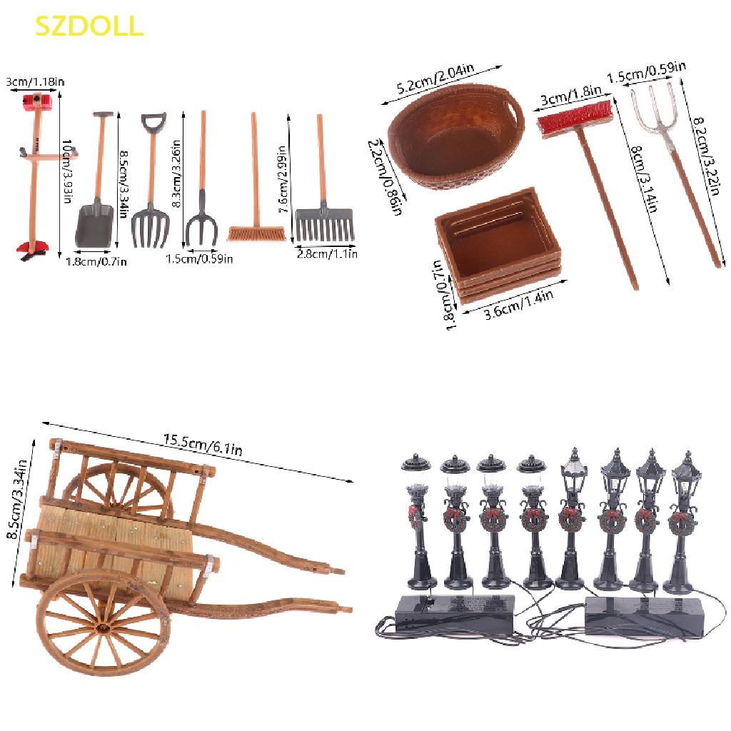 Set 4 / 6 Mô Hình Xe Nông Trại / Xe Đẩy / Đèn Đường Mini Trang Trí Nhà Búp Bê DIY