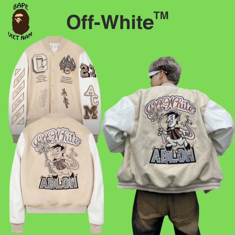 [Best Quality] Áo Khoác Off White, Áo Varsity Jacket Off White x AC Milan SS23, chất liệu nỉ trần bông, tay da, màu Kem