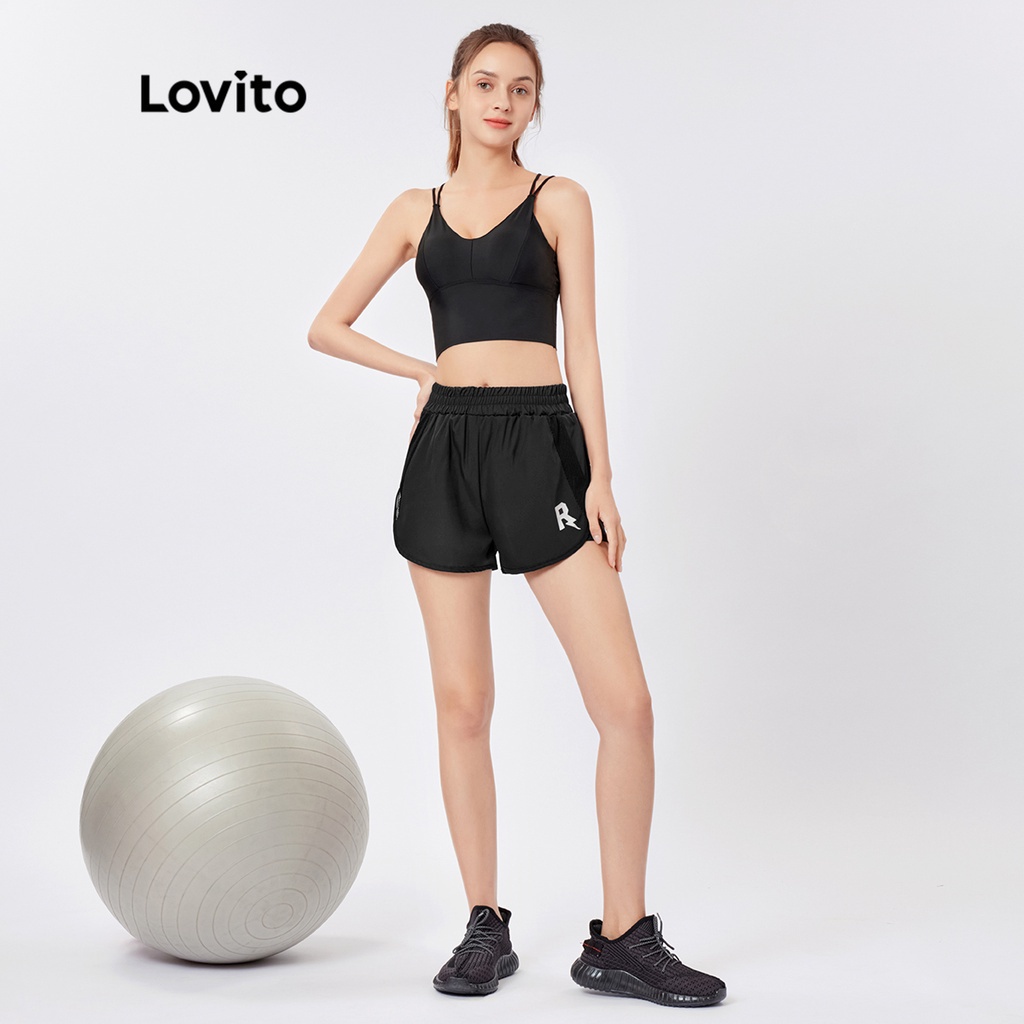 Quần short Lovito phối chữ 2 trong 1 phong cách thể thao L26AD064 (màu đen)