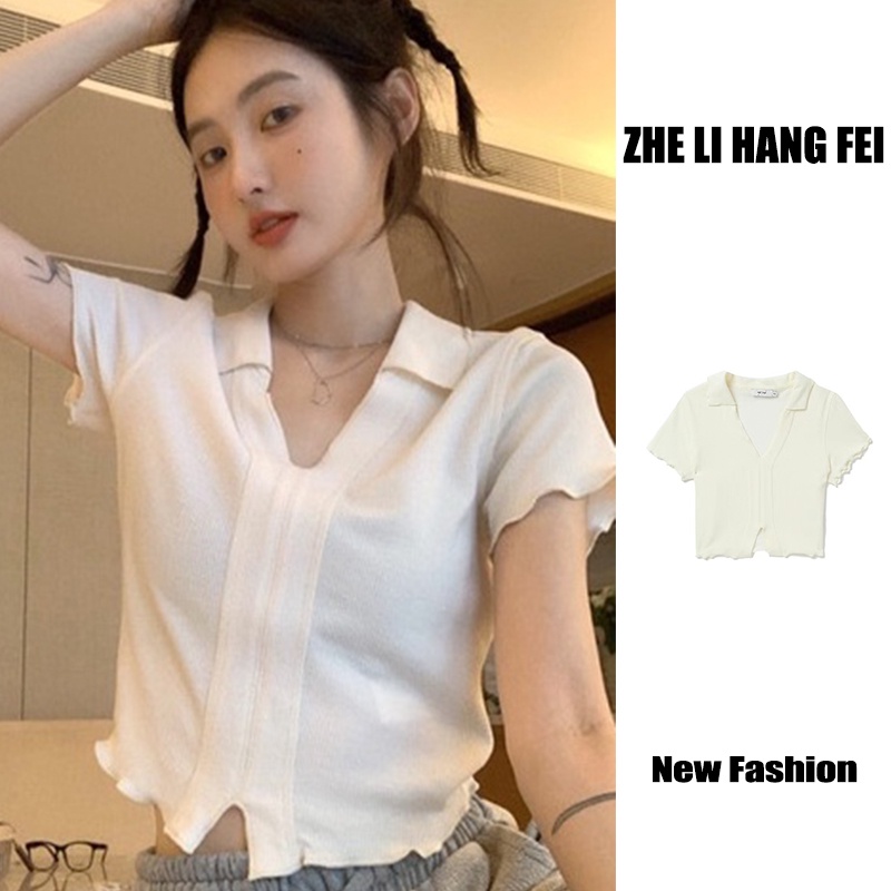 【ZHELIHANGFEI】Áo Thun POLO Dệt Kim Ngắn Tay Hở Eo Quyến Rũ