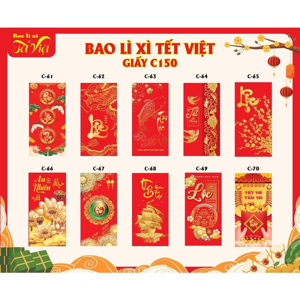 Combo 10 bao Lì xì Tết Quý Mão 2023 truyền thống sang đẹp nhiều mẫu dễ thương độc đáo