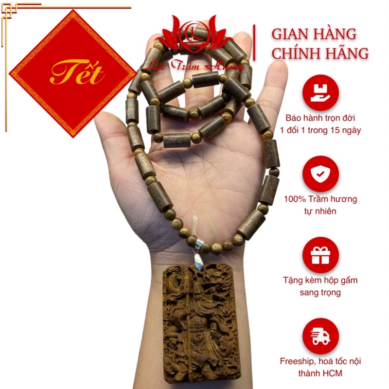 Bộ dây chuyền trầm hương tự nhiên kèm mặt quan công phong thuỷ bình an cho gia chủ