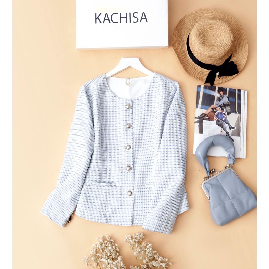 Áo khoác dạ bố KACHISA vân hạt màu xanh, hồng - Thời trang KACHISA 724JIT