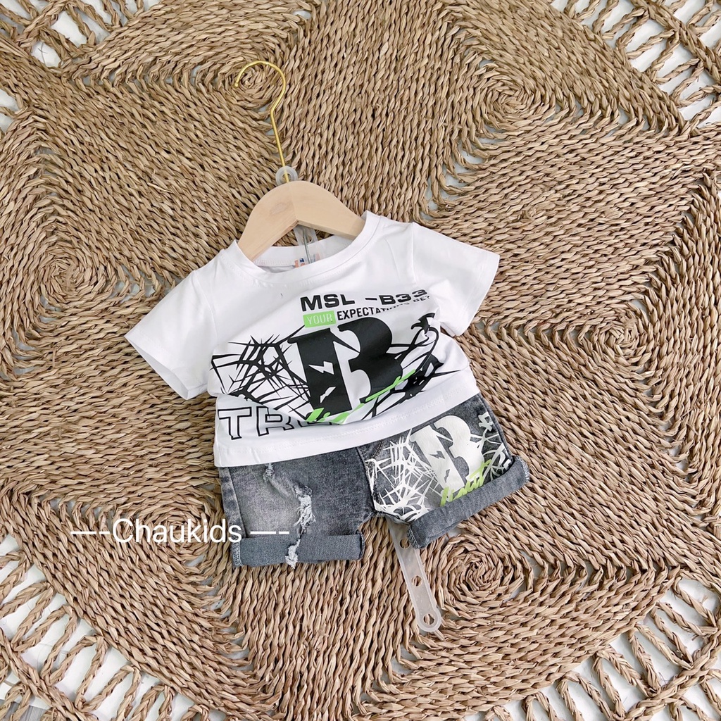 Quần áo bé trai, set bộ cộc tay áo cotton họa tiết MSL phối kèm quần short jean lạ mắt cho bé