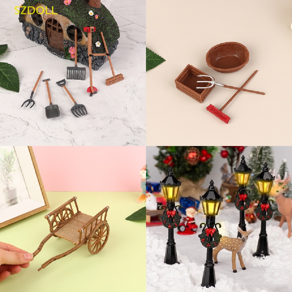 Set 4 / 6 Mô Hình Xe Nông Trại / Xe Đẩy / Đèn Đường Mini Trang Trí Nhà Búp Bê DIY