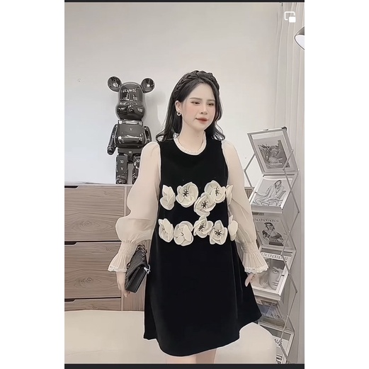 [ 𝐅𝐑𝐄𝐄 𝐒𝐇𝐈𝐏 ] Váy nhung cổ bèo phối tay hoa nổi siêu hot Vải nhung cứng QC cao cấp, phối tơ nhũ mềm đẹp, chun tay viền