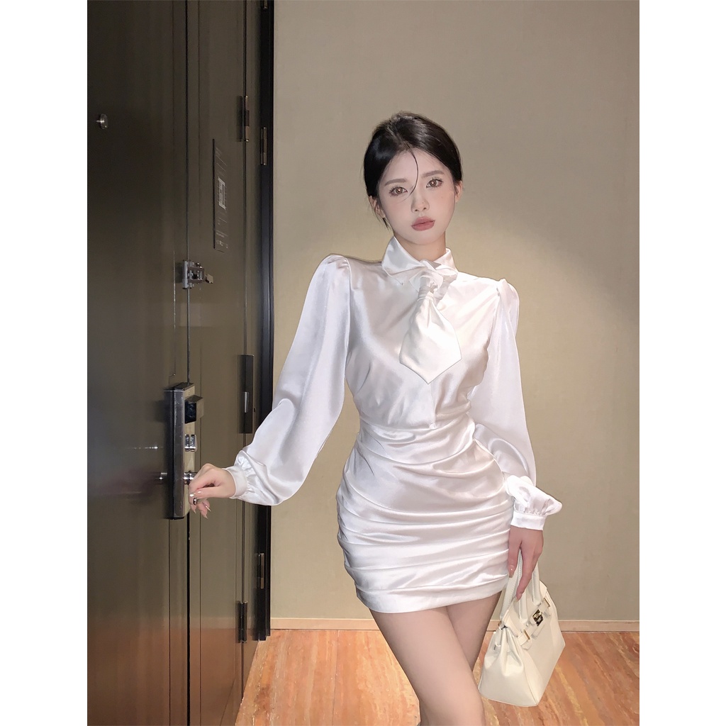 Váy trắng nữ dài tay phong cách tiểu thư sang trọng khí chất hàng Quảng Châu đầu xu hướng váy ngắn dự tiệc 2023