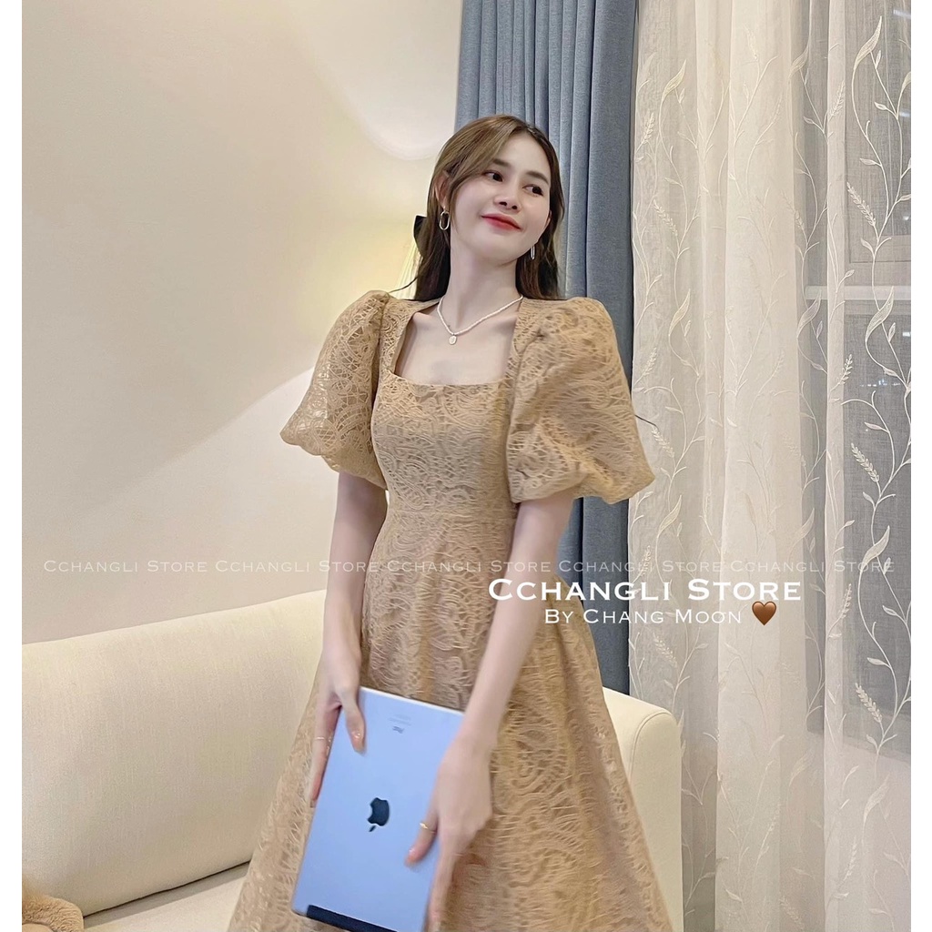 ĐẦM NUDE REN HOA CỔ VUÔNG TAY BỒNG