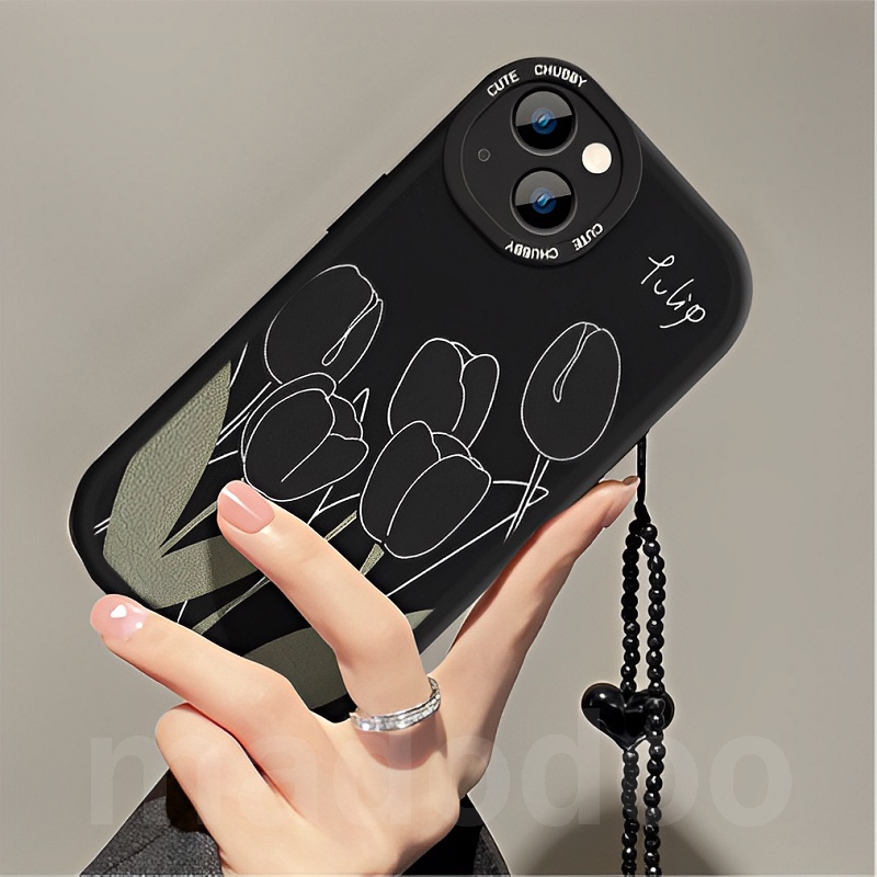Tpu Casing Samsung Galaxy A12 A13 A23 A73 A53 A33 A52 A52S A50 A50S A30S A11 A31 A70 A20 A30 A10S A22 LTE M11 M12 M22 M23 M32 M31 A32 A03S A02S A21S A51 A72 A71 4G 5G with Love Lanyard Black Tulip Flowers Airbag Shockproof Soft Phone Case XPN 31