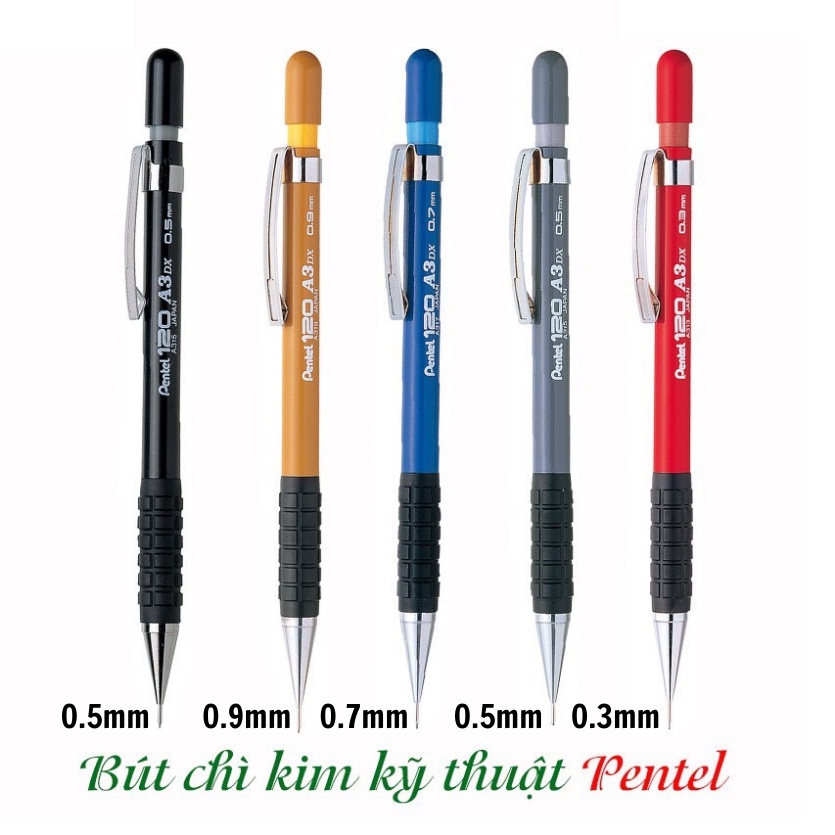 Bút chì kim Pentel 120 A3DX, viết chì bấm kỹ thuật ngòi 0.3mm/ 0.5mm/ 0.7mm/ 0.9mm