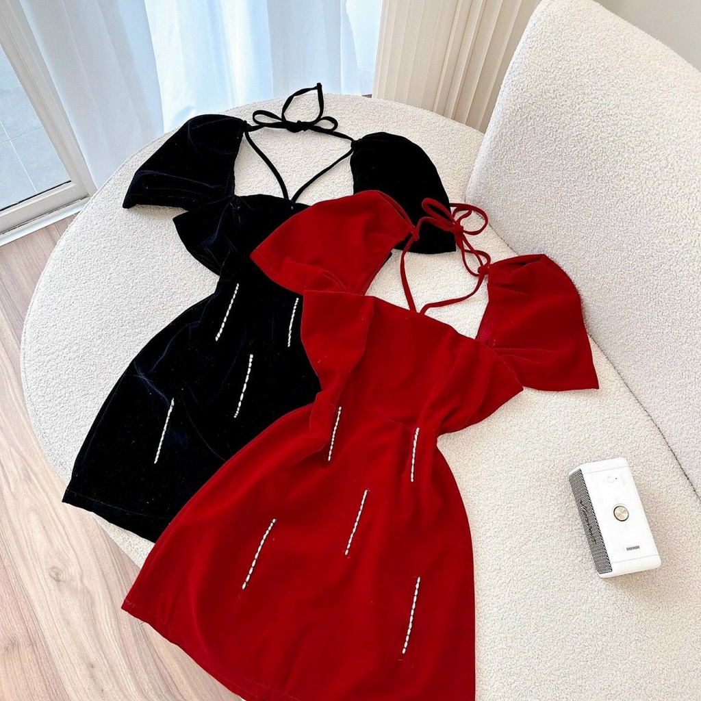 Đầm nữ thời trang mặc đi chơi chất nhung cứng cổ vuông phối dây tay ngắn váy suông dễ thương