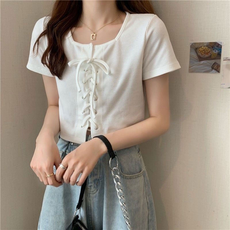 Áo crop top XINLANYASHE thời trang Hàn Quốc gợi cảm có dây buộc cho nữ