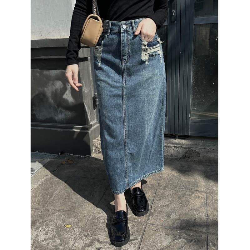 Chân váy jeans rách dáng dài hàng QC