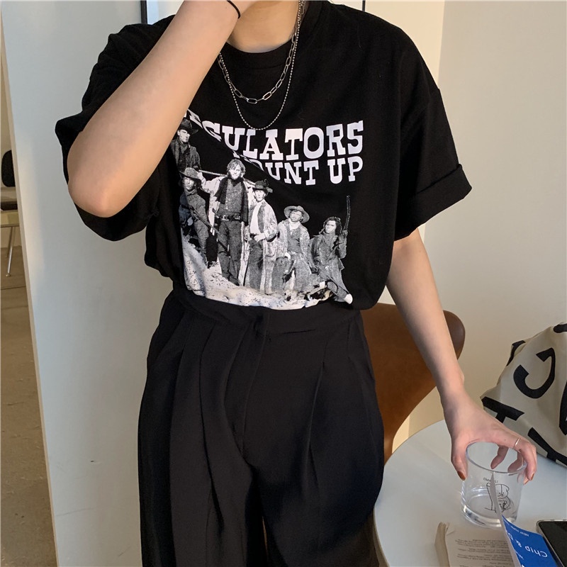 IELGY  IELGY Áo Thun Ngắn Tay Dáng Rộng Thời Trang retro Mỹ Cho Nữ